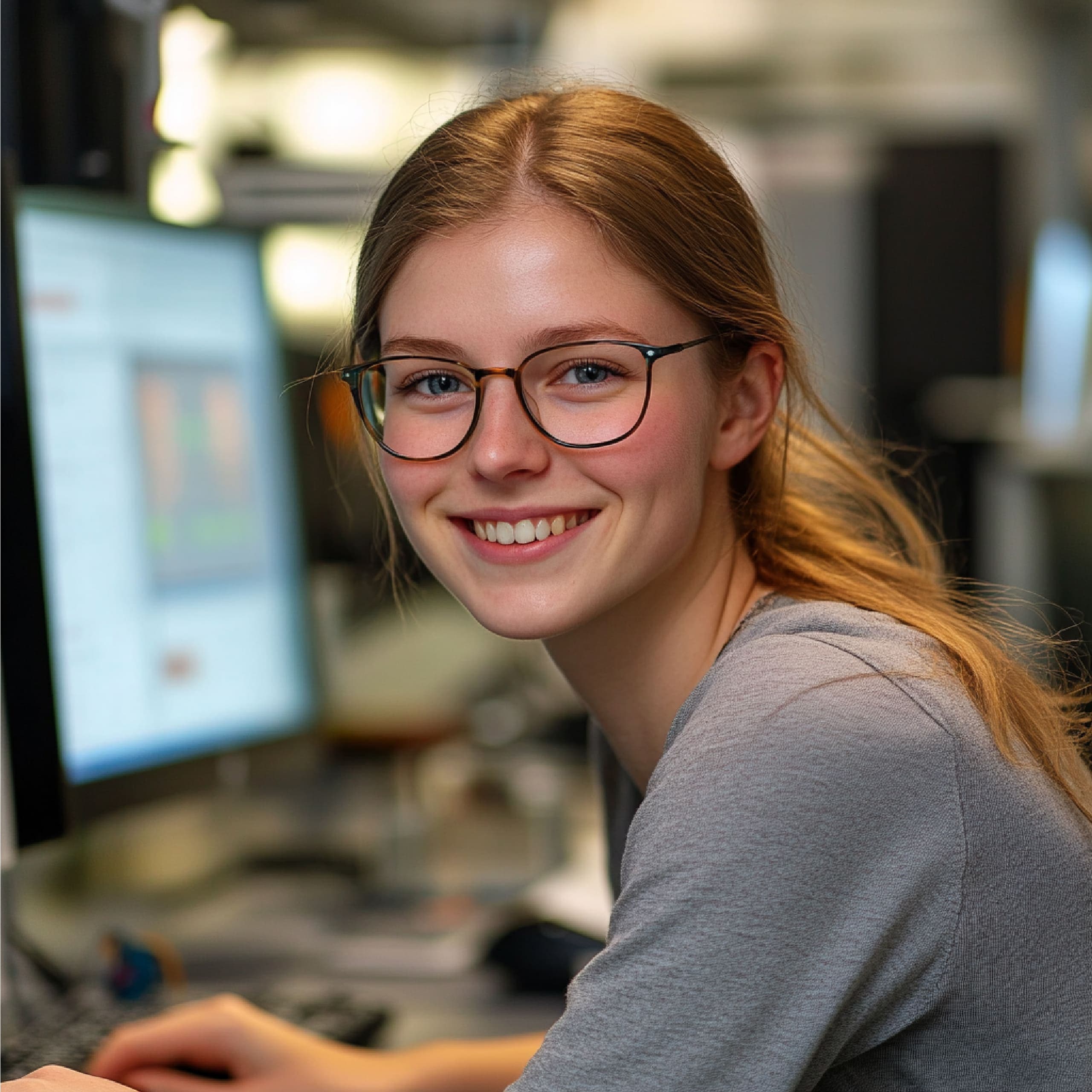 Giovane studentessa di informatica sorridente al computer