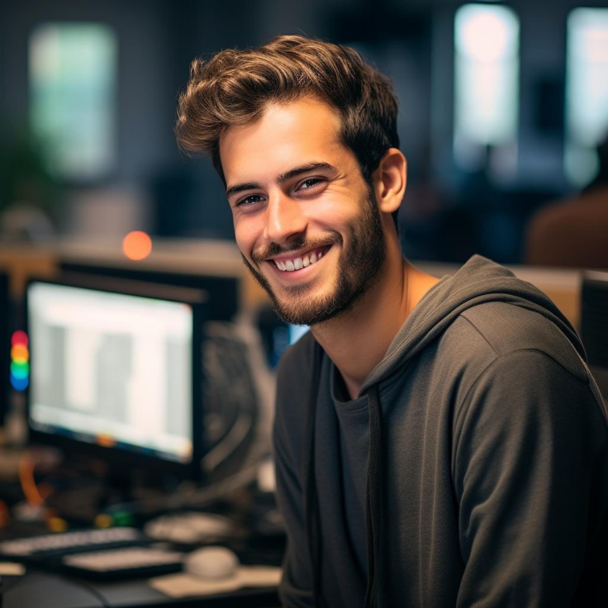 Giovane sviluppatore sorridente in ambiente di lavoro tecnologico