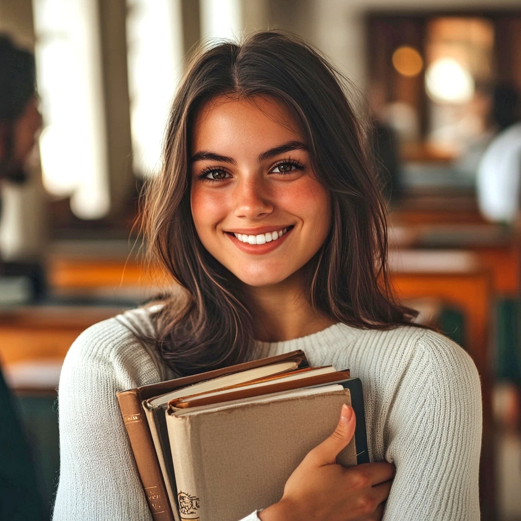 Studentessa sorridente con libri in biblioteca universitaria