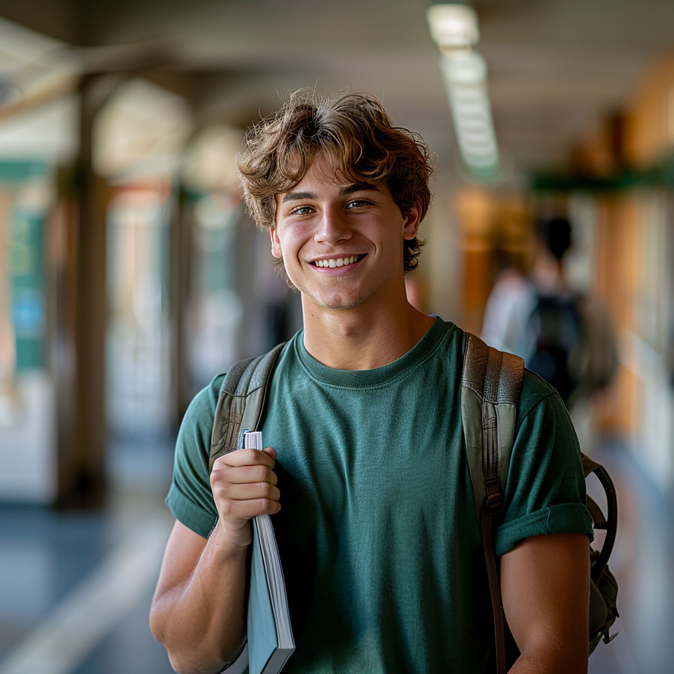 Studente universitario sorridente nel campus con libri e zaino